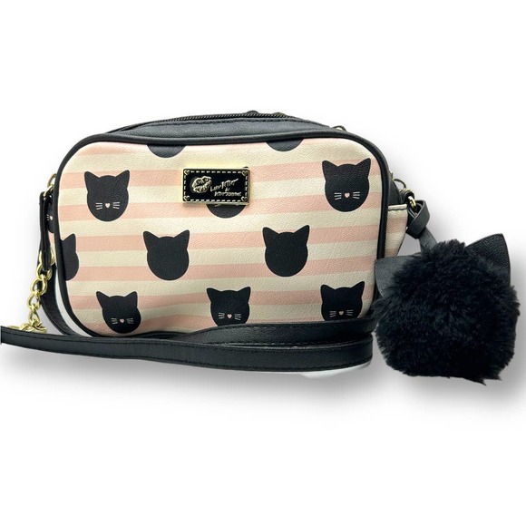 Betsey Johnson Handbags - Betsey Johnson Cat Crossbody Purse Bag Pink + White Striped RARE NWOT